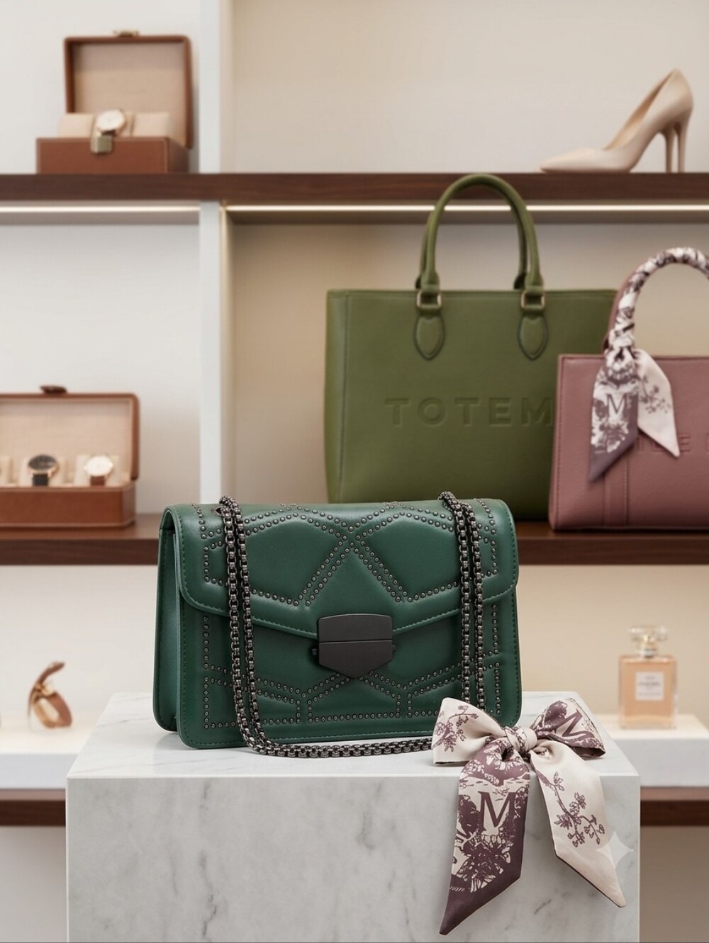 Women's Green Leather Crossbody Bag with Chain Strap